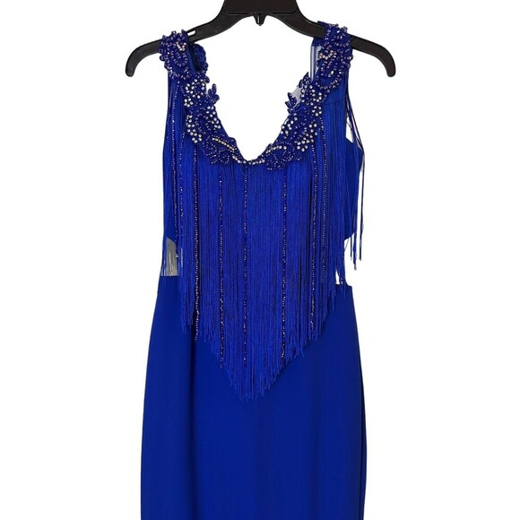 Odrella Royal Blue Event Gown Tassel  Mesh Cut out Beaded Design Size 6 - Picture 5 of 16